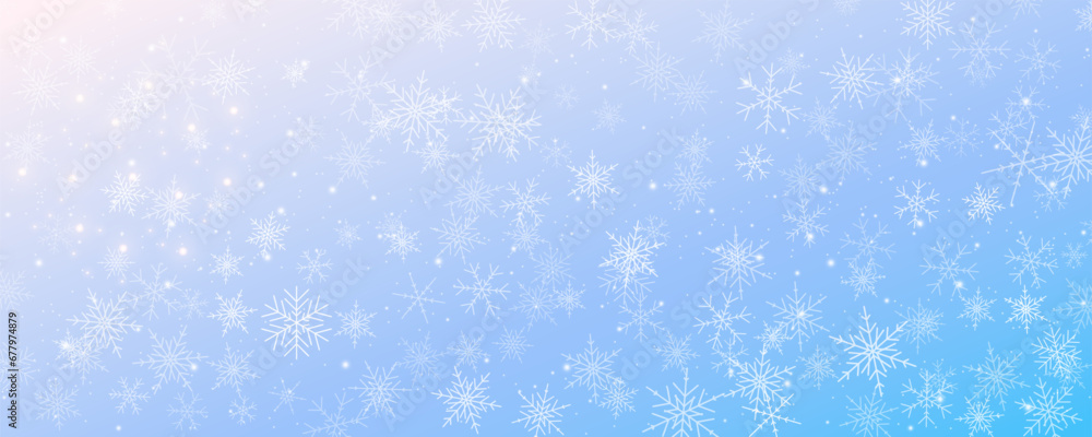 Snowflakes winter Christmas vector background. Blue and white frost sky. Gradient cold blizzard landscape.