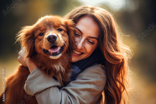 close up of woman hugging her dog bokeh style background © toonsteb
