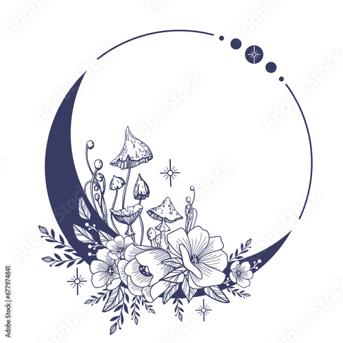 Line art mystical celestial magic witchcraft elements. Esoteric crescent moon, mushrooms, leaves, stars