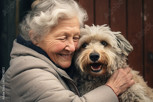 close up of old woman hugging her dog bokeh style background