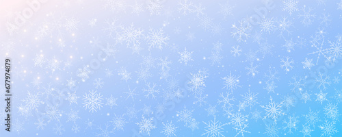 Snowflakes winter Christmas vector background. Blue and white frost sky. Gradient cold blizzard landscape. photo