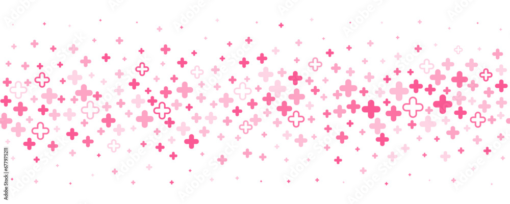 Medical cross and plus background. Abstract seamless pink background for hospital and pharmacy. Geometrical shapes ornament on border. Vector backdrop - obrazy, fototapety, plakaty 