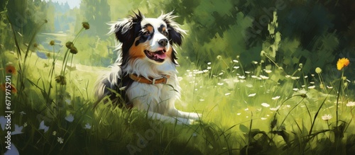 In the sunny park a cute dog with a vibrant green collar frolicked joyfully on the grass embraced by the lush nature of the surrounding forest painting a picturesque portrait amidst the vib photo