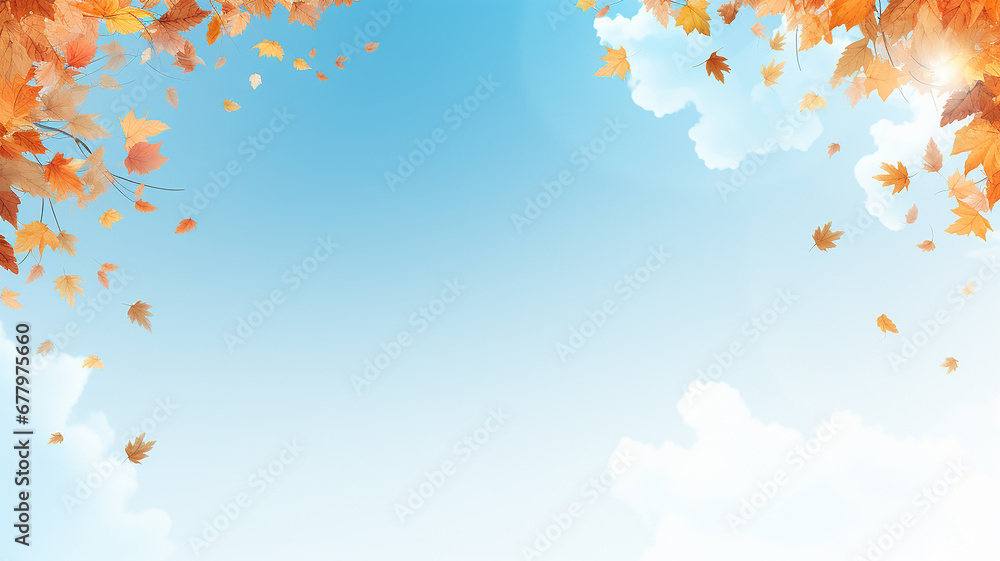 autumn frame of dry falling yellow leaves against a blue sky with white clouds, an empty blank with a copy space autumn frame of dry falling yellow leaves against a blue sky with white clouds, an empty blank with a copy space