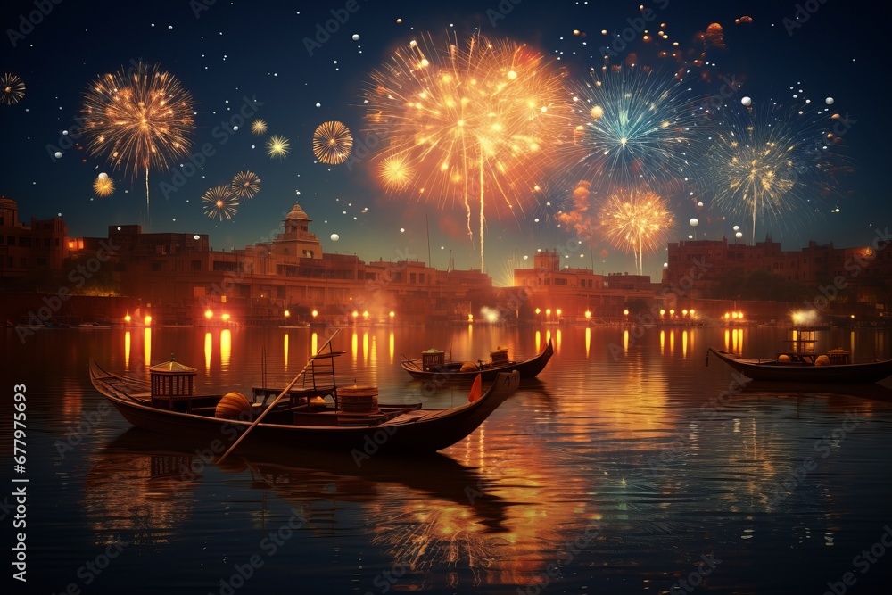 Fireworks and festive lights over river for Diwali