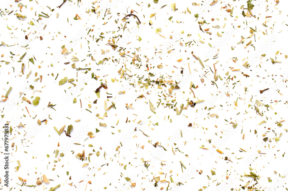 Mixture of dried Provencal herbs isolated on a white background, top view. Pile of natural dried Provencal herbs, top view. Heap of dried Provencal herbs isolated on a white background, top view. - obrazy, fototapety, plakaty 