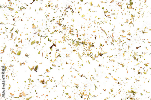 Mixture of dried Provencal herbs isolated on a white background  top view. Pile of natural dried Provencal herbs  top view. Heap of dried Provencal herbs isolated on a white background  top view.