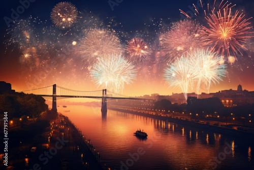 Fireworks and festive lights over river for Diwali