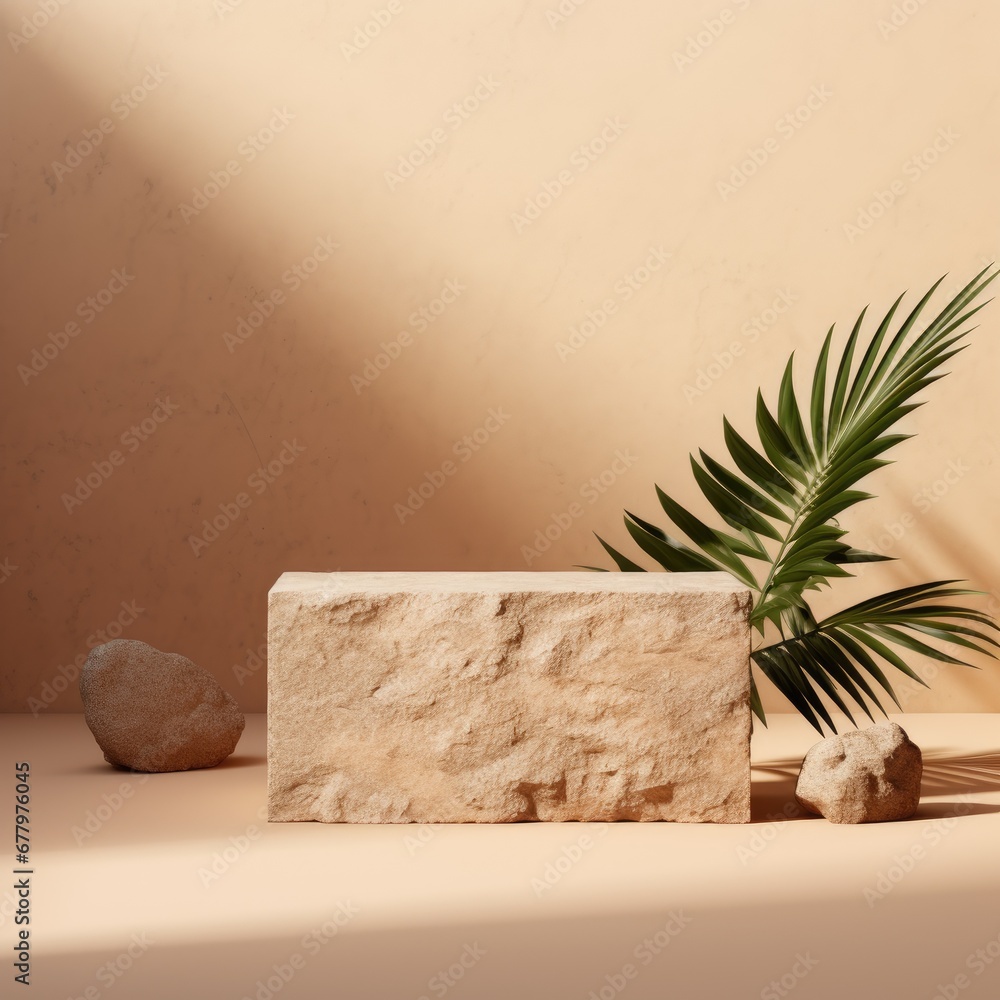 Empty stone podium for product display with tropical leaves on beige background Empty stone podium for product display with tropical leaves on beige background