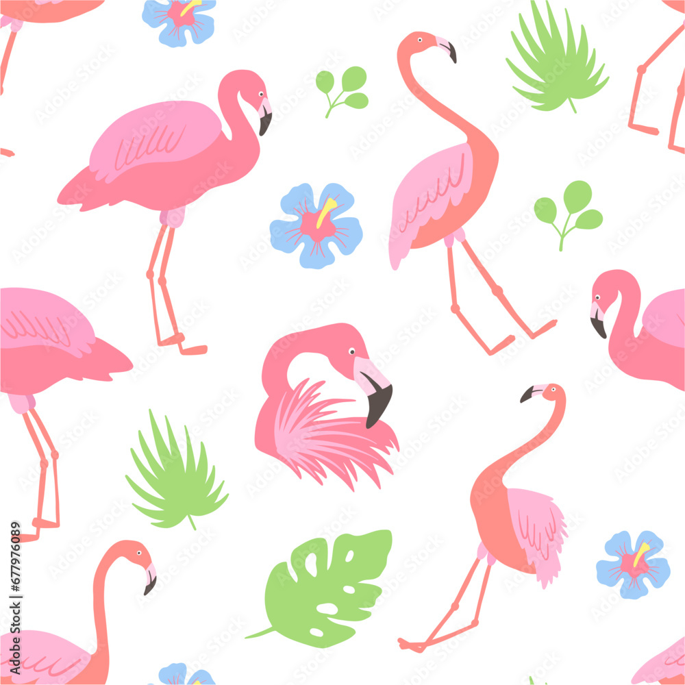 Fototapeta premium Vector Seamless pattern with pink flamingo and tropical leaves.