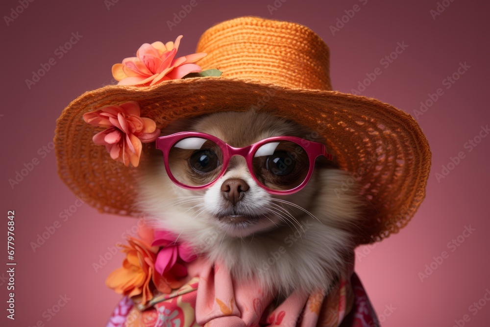 The Fashionable Canine: A Small Dog Rocking a Hat and Pink Glasses. A small dog wearing a hat and glasses