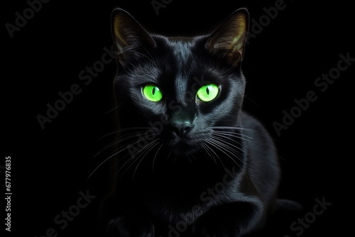 A sleek black cat with bright green eyes posing against a white backdrop. Generative AI © Aditya