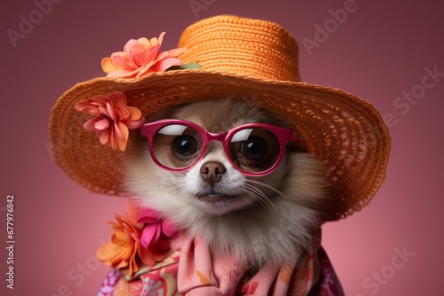 The Fashionable Canine  A Small Dog Rocking a Hat and Pink Glasses. A small dog wearing a hat and glasses