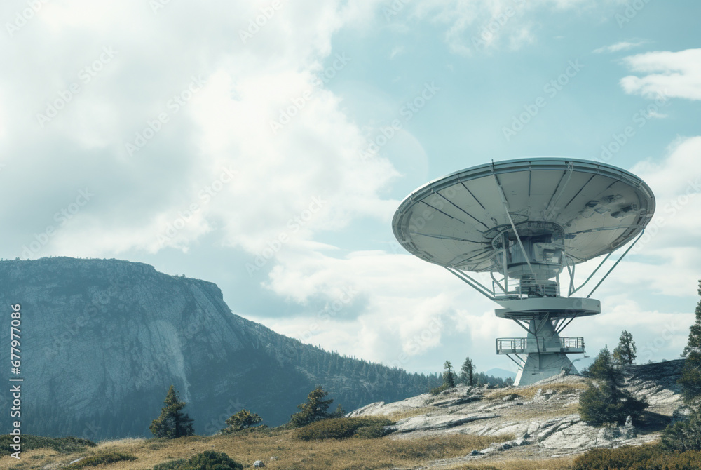 A satellite dish atop a mountain, in the style of hybrid media works A satellite dish atop a mountain, in the style of hybrid media works