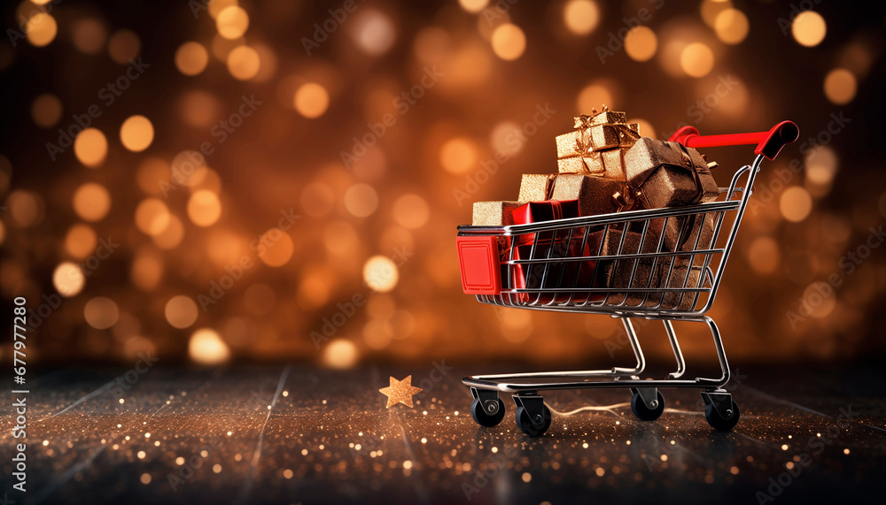shopping cart with many gift boxes on a bright bokeh background