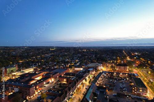 Beautiful High Angle Footage of Illuminated Central Letchworth Garden City of England UK. The Footage Captured with Drone's Camera on November 11th, 2023 at Just After Sunset and During Night © Altaf Shah