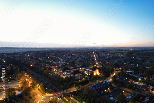 Beautiful High Angle Footage of Illuminated Central Letchworth Garden City of England UK. The Footage Captured with Drone s Camera on November 11th  2023 at Just After Sunset and During Night