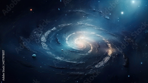 Fototapeta Naklejka Na Ścianę i Meble -  Spiral galaxy, interstellar scenery, galaxies, planets, space, futuristic world, space world, starscapes, interstellar, comets, asteroids in the outer space, dark background