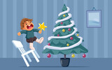 Child Falling When Trying to put the Star Tree Top. Little kid having an accident while trying to decorate for Christmas 
