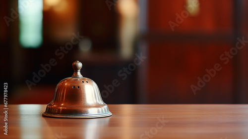 a bell to call the hotel staff at the reception desk a blurry view of the luxury hotel
