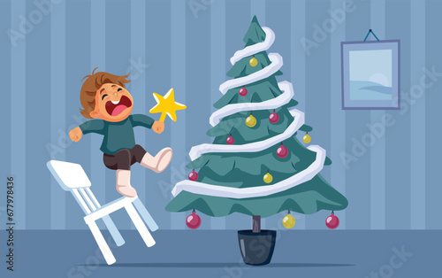 Child Falling When Trying to put the Star Tree Top. Little kid having an accident while trying to decorate for Christmas 

