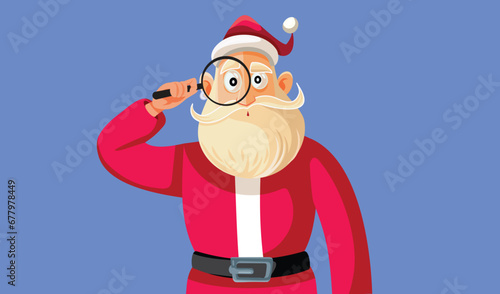 Santa Claus Holding a Magnifying Glass Vector Cartoon illustration. Curious Santa inspecting and spying with magnifier loupe

