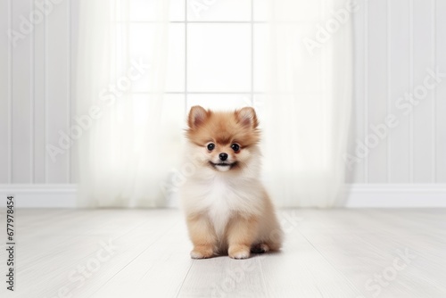 A small, fluffy Pomeranian puppy sitting on a clean white floor. Generative AI