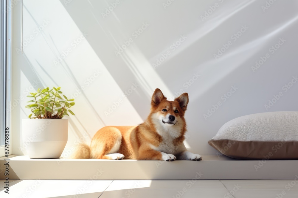 pet dog lies on the sofa cushions in a minimalist Scandinavian light interior - obrazy, fototapety, plakaty 