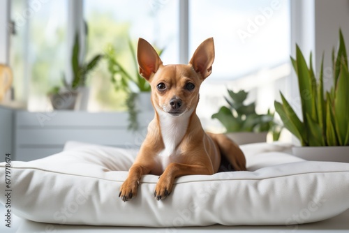 pet dog lies on the sofa cushions in a minimalist Scandinavian light interior photo