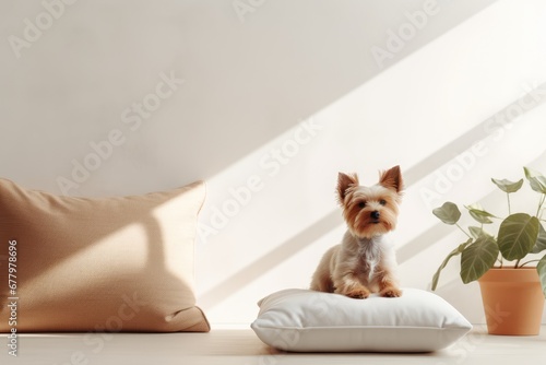 pet dog lies on the sofa cushions in a minimalist Scandinavian light interior photo