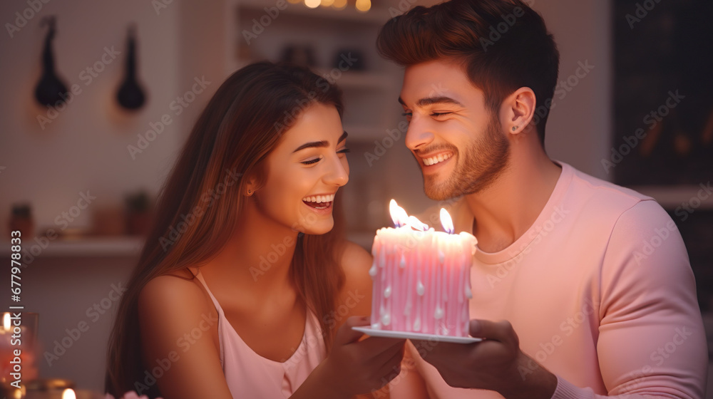 A young man give a gift to girlfriend, candle dinner, a light pink gift, they are laughing, photo, bright style, full people full of love. A young man give a gift to girlfriend, candle dinner, a light pink gift, they are laughing, photo, bright style, full people full of love.