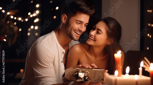 A young man give a gift to girlfriend, candle dinner, a light pink gift, they are laughing, photo, bright style, full people full of love.