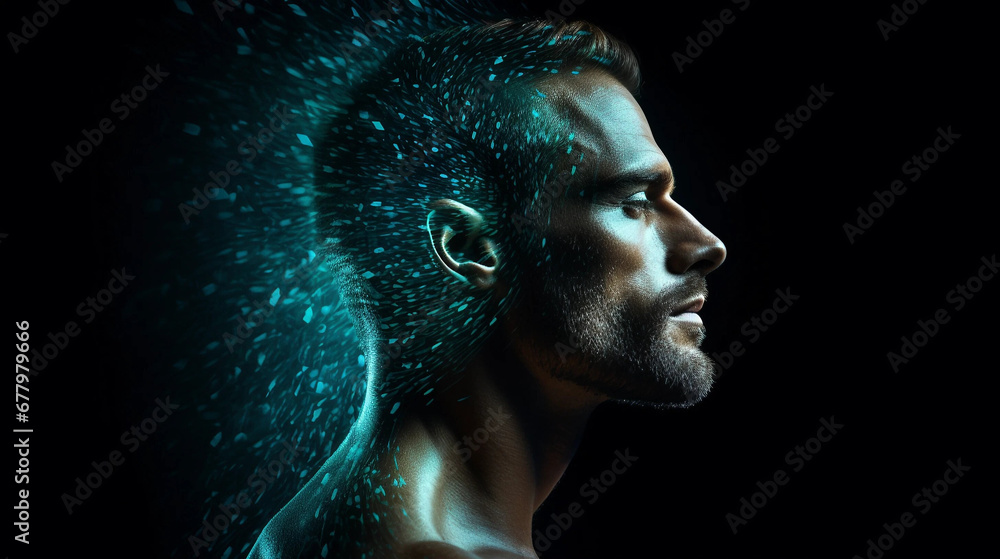 A Side Portrait of a Man With Blue Energy Emerging From His Mind - obrazy, fototapety, plakaty 