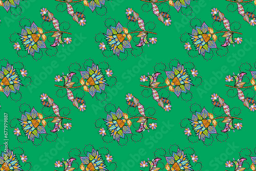 Gentle, spring floral on blue, green and black colors. Tender seamless pattern with flowers. Floral illustration in vintage style.