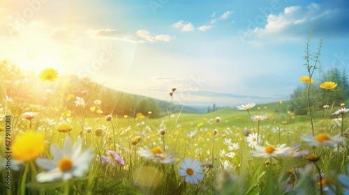Stampa su tela scene nature flora sunny countryside illustration meadow flower, plant outdoor,