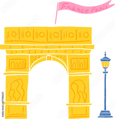 France The arch of triumph, hand drawn stylish illustration with colored pencil texture / フランスのエトワール凱旋門、色鉛筆テクスチャの手描きのおしゃれなイラスト