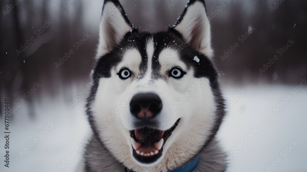 close-up portrait of sled husky with smile face looking at the camera, background is snowscape. 