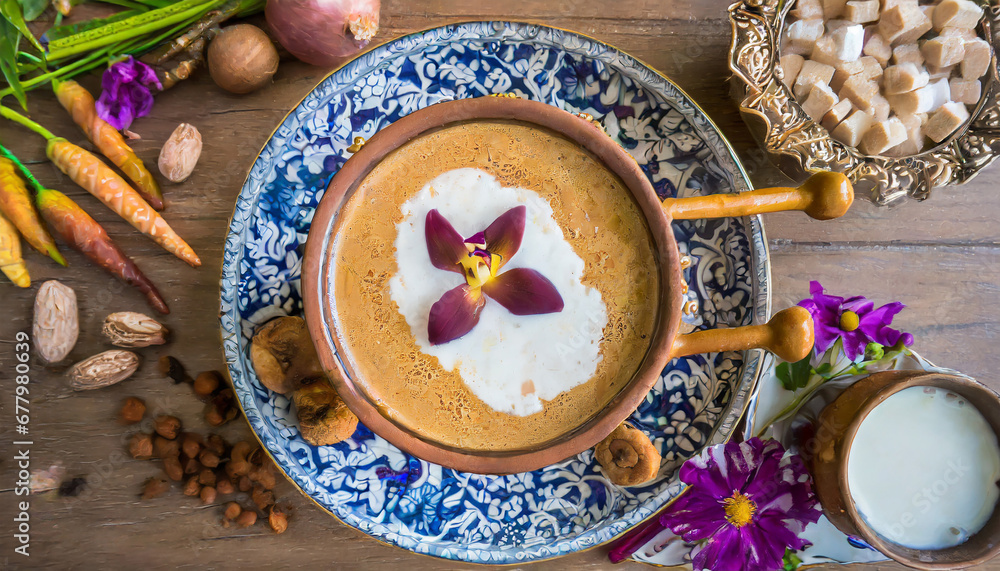 A top-down perspective of a Turkish salep captures the warm and comforting beverage made from orchid tubers, milk, and sugar, offering a cozy and aromatic experience.