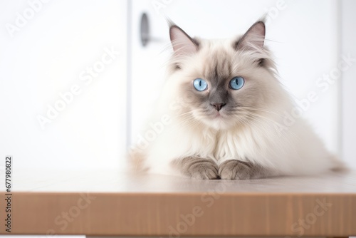 Photo of a charming Ragdoll cat with its placid expression on a clean white table. Generative AI