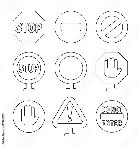 Stop sign, block, prohibited. Coloring Page. Road traffic regulatory warning. Vector drawing. Collection of design elements.