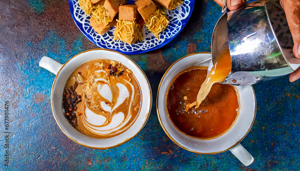 A top-down shot of a Malaysian teh tarik captures the artful pouring of ...