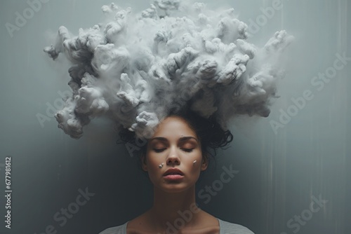 Mental Health Problems Depression Depressed Sad Unhappy Crying Gloomy Moody Ruminating Emo Emotions Nightmares Insomnia Sleeping Pills Melatonin Meditating Women Head covered by Rain Dark Clouds