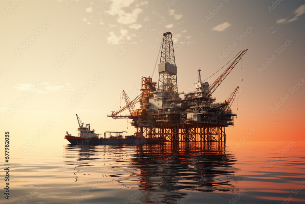 an oil rig is floating at sunset, in the style of light amber and teal,