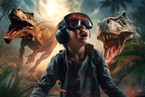 A boy is wearing virtual reality glasses on a background of dinosaurs.