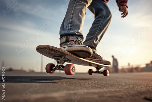 A skateboarder is riding on a skateboard. photo