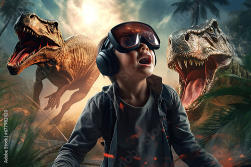 A boy is wearing virtual reality glasses on a background of dinosaurs. © YULIYA