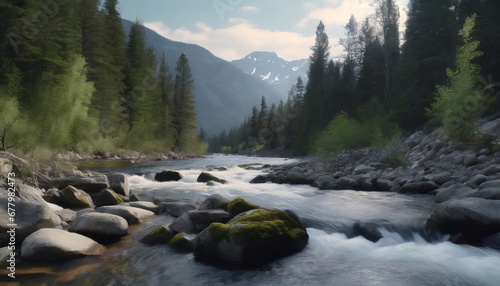 A vast evergreen forest, a gentle river, moss-covered rocks, and distant mountains offer a tranquil nature setting.
