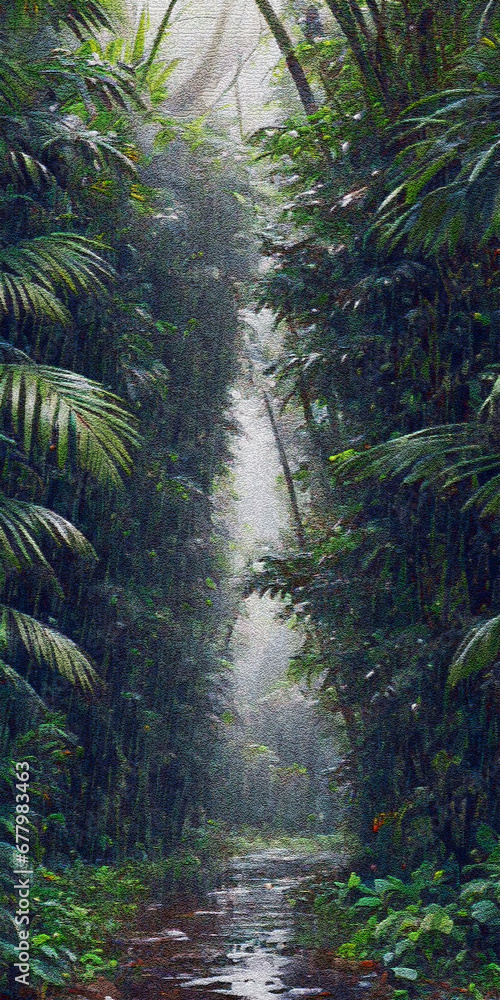 Naklejka premium Amidst the pouring rain, the lush green canopy of the jungle seems to weep, echoing the melancholic mood of a rainy day