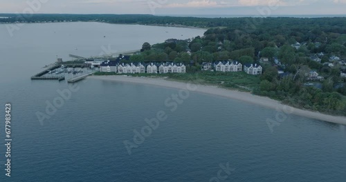 Aerial Drone shot of Orient Greenport North Fork Long Island New York before sunrise with houses photo