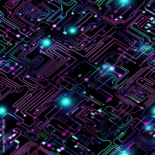 seamless pattern with texture of digital circuit lines connecting a chip and microchip on an electronic motherboard on purple background